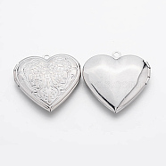 Romantic Valentines Day Ideas for Him with Your Photo Brass Locket Pendants, Photo Frame Charms for Necklaces, Heart, Platinum, about 29mm in diameter, 7mm thick, hole: 2mm(X-ECF138)