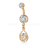 Piercing Jewelry, Brass Cubic Zirconia Navel Ring, Belly Rings, with Use Stainless Steel Findings, Cadmium Free & Lead Free, Real 18K Gold Plated, teardrop, Clear, 40x10mm, Pin: 1.5mm(AJEW-EE0003-13)