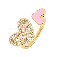 Brass Micro Pave Clear Cubic Zirconia Open Cuff Rings, Heart Enamel Ring for Women, Lead Free & Cadmium Free, Real 18K Gold Plated, Pink, Inner Diameter: 17.2mm(RJEW-U009-04B-G)