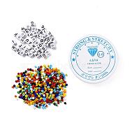 100Pcs Cube with Letter Opaque Acrylic Beads, with Round Glass Seed Beads and Elastic Crystal Thread, for DIY Stretch Bracelet Finding Kits, Mixed Color, Acrylic Beads: 100Pcs, Glass Seed Beads: 100g(DIY-YW0002-45)