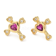 Rack Plating Brass Cross with Love Stud Earrings with Cubic Zirconia, Lead Free & Cadmium Free, Real 18K Gold Plated, 15x13.5mm(EJEW-D061-10G)
