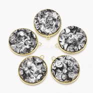 Alloy Pendants, with Cashmere Cloth, Flat Round, Light Gold, Gray, 32x28x2.5mm, Hole: 2mm(PALLOY-T056-117B-08)