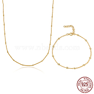 925 Sterling Silver Jewelry Set, Satellite Chain Necklaces & Bracelet, Real 18K Gold Plated, 15.75 inch(40cm), 6.69 inch(17cm)(LC2578-6)