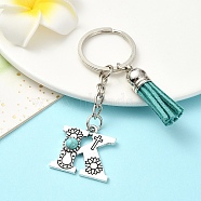 Alloy with Resin Imitation Synthetic Turquoise Keychain, with Tassel Pendant and Iron Rings, Letter K, 8cm, Pendant: 26~35mm(KEYC-YW00087-11)