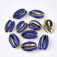 Electroplated Cowrie Shell Beads, with Enamel, No Hole/Undrilled, Golden, Blue, 18~20x12~14x6~7.5mm(X-SSHEL-T008-11G-01)