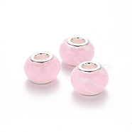 Handmade Lampwork European Beads, Large Hole Rondelle Beads, with Platinum Tone Brass Double Cores, Creamy White, 14~15x9~10mm, Hole: 5mm(LPDL-N001-027)