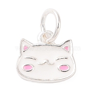 Cat Shape 925 Sterling Silver Charms, with Enamel and Jump Rings & S925 Stamp, White, 8x9x1.3mm, Hole: 3.6mm(STER-F056-03S-01)
