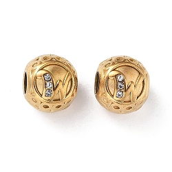 304 Stainless Steel Rhinestone European Beads, Round Large Hole Beads, Real 18K Gold Plated, Round with Letter, Letter W, 11x10mm, Hole: 4mm(STAS-A092-10W-G)