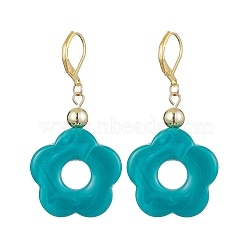 Acrylic Flower Dangle Leverback Earrings, Golden Brass Earrings, Dark Cyan, 53x27mm(EJEW-JE05625-02)