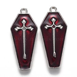 Halloween Theme Alloy Enamel Pendants, Red Coffin with Cross, Platinum, 25.5x11x3mm, Hole: 1.2mm(X-ENAM-J649-14P-02)