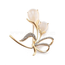 Flower Alloy Brooch, with Glass Imitation Cat Eye and Rhinestone, Golden, 53.5x46.5mm(JEWB-C037-33B-G)