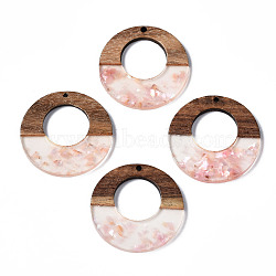 Transparent Resin & Walnut Wood Pendants, with Shell Chips, Two Tone, Donut, Pink, 38x3mm, Hole: 2mm(X-RESI-T035-20-A01)