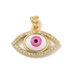 Brass Micro Pave Cubic Zirconia Pendants, with Acrylic, Cadmium Free & Lead Free, Long-Lasting Plated, Evil Eye, Real 18K Gold Plated, Deep Pink, 15x22.5x6mm, Hole: 4x3.5mm(KK-B059-40G-D)