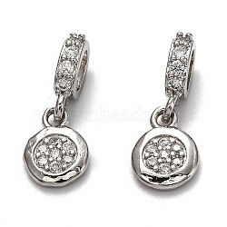 Brass Micro Pave Clear Cubic Zirconia European Dangle Charms, Large Hole Pendants, Long-Lasting Plated, Flat Round, Platinum, 18mm, Flat Round: 10x7.5x2mm, Hole: 5x3mm(ZIRC-H119-03P)