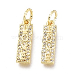 Brass Micro Pave Clear Cubic Zirconia Charms, with Jump Ring, Long-Lasting Plated, Rectangle with Word Love, Real 18K Gold Plated, 15x4x2.4mm, Jump Ring: 5x0.7mm, 3.6mm Inner Diameter(X-ZIRC-L076-052G)