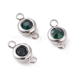 304 Stainless Steel Rhinestone Links Connectors, Flat Round, Stainless Steel Color, Emerald, 12x6.5x4mm, Hole: 2mm(STAS-P237-17P-05)