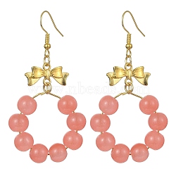 Imitation Jade Glass Beaded Ring Dangle Earrings, Golden Alloy Bowknot Long Drop Earrings, Light Coral, 63x32mm(EJEW-JE05567-02)