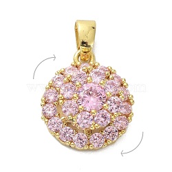 Brass Micro Pave Cubic Zirconia Pendants, Rotatable, Flat Round, Golden, Pearl Pink, 14.5x13x7mm, Hole: 4x3mm(ZIRC-I055-08G-02)