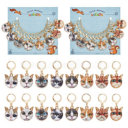 Alloy Enamel Cat Head Pendant Stitch Markers, Crochet Leverback Hoop Charms, Locking Stitch Marker with Wine Glass Charm Ring, Mixed Color, 3.6cm, 8 colors, 2pcs/color, 16pcs/set(HJEW-AB00235)