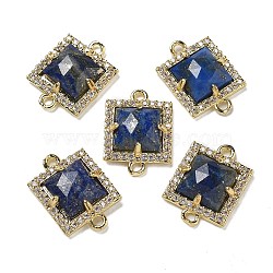 Natural Lapis Lazuli Faceted Square Links, Rack Plating Brass Micro Pave Clear Cubic Zirconia Connector Charms, Golden, 16x11.5x4.5mm, Hole: 1.4mm(G-I375-03G-02)