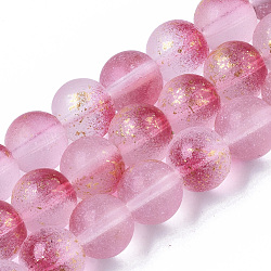 Frosted Spray Painted Glass Beads Strands, with Golden Foil, Round, Camellia, 10~11mm, Hole: 1.4~1.6mm, about 39~42pcs/Strand, 14.84 inch~15.27 inch(37.7~38.8cm)(X-GLAA-N035-03D-C04)