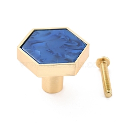 Hexagon with Marble Pattern Brass Box Handles & Knobs, with Resin Cabochons and Iron Screws, Matte Gold Color, Royal Blue, 29.5x34x24.5mm, Hole: 3.5mm(DIY-P054-C09)