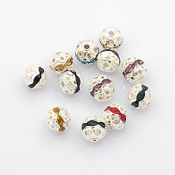 Brass Rhinestone Beads, Grade A, Silver Color Plated, Round, Mixed Color, 6mm, Hole: 1mm(RB-A011-6mm-S)
