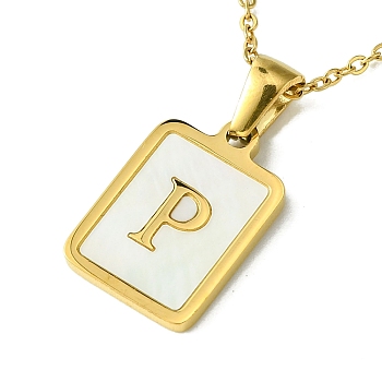 Ion Plating(IP) Rectangle with Initial Letter 304 Stainless Steel Pendant Necklace, white Shell, Real 18K Gold Plated, Letter P, 16.06 inch(40.8cm)