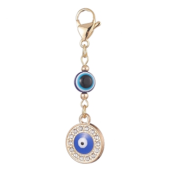 Evil Eye Alloy Enamel with Rhinestone Pendant Decoration, Resin Beads and 304 Stainless Steel Lobster Claw Clasps, Flat Round, 56mm