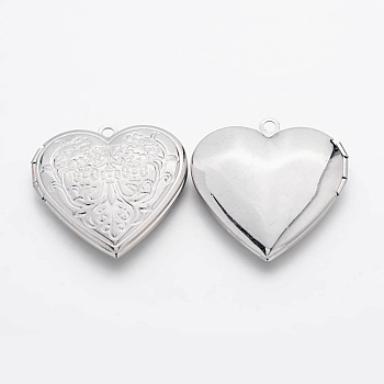 Romantic Valentines Day Ideas for Him with Your Photo Brass Locket Pendants, Photo Frame Charms for Necklaces, Heart, Platinum, about 29mm in diameter, 7mm thick, hole: 2mm