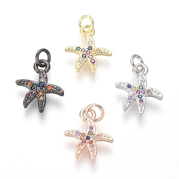 Brass Micro Pave Cubic Zirconia Charms, with Jump Rings, Starfish/Sea Stars Shape, Colorful, Mixed Color, 12x10x1.5mm, Hole: 2.5mm