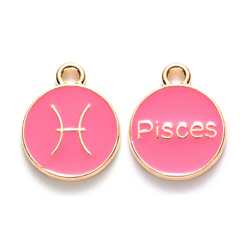 Alloy Enamel Pendants, Cadmium Free & Lead Free, Flat Round with Constellation, Light Gold, Cerise, Pisces, 22x18x2mm, Hole: 1.5mm