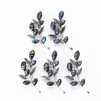 Leaf Shape Natural Abalone Shell/Paua Shell Brooch Pin, Alloy Lapel Pin for Girl Women, Lead Free & Cadmium Free, Antique Silver, Colorful, 57~58x26~27x9mm, Hole: 5x3mm, Pin: 0.7mm