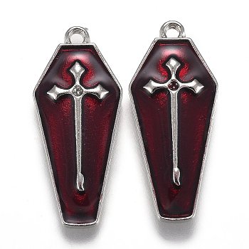 Halloween Theme Alloy Enamel Pendants, Red Coffin with Cross, Platinum, 25.5x11x3mm, Hole: 1.2mm