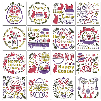 16Pcs Easter PET Plastic Hollow Out Drawing Painting Stencils Templates, Square, Easter Theme Pattern, 130x130mm