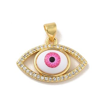 Brass Micro Pave Cubic Zirconia Pendants, with Acrylic, Cadmium Free & Lead Free, Long-Lasting Plated, Evil Eye, Real 18K Gold Plated, Deep Pink, 15x22.5x6mm, Hole: 4x3.5mm