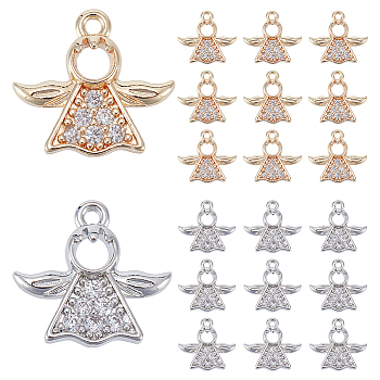 Elite 20Pcs 2 Colors Rack Plating Brass Micro Pave Clear Cubic Zirconia Charms, Long-Lasting Plated, Cadmium Free & Lead Free, Angel Charms, Platinum & Golden, 12x12.5x2mm, Hole: 1mm, 10pcs/color