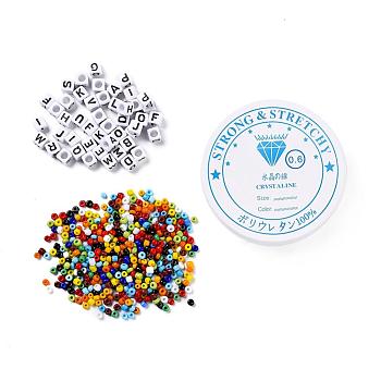 100Pcs Cube with Letter Opaque Acrylic Beads, with Round Glass Seed Beads and Elastic Crystal Thread, for DIY Stretch Bracelet Finding Kits, Mixed Color, Acrylic Beads: 100Pcs, Glass Seed Beads: 100g