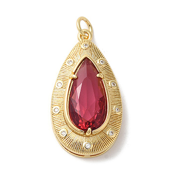 Rack Plating Brass Pendants, with Glass, Long-Lasting Plated, Lead Free & Cadmium Free, Oval, with Jump Ring, Teardrop, Golden, Medium Violet Red, 28.5x15.5x6.5mm, Hole: 3mm