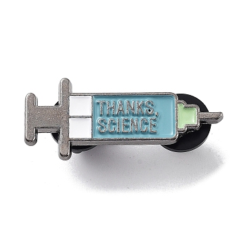 Medical Topics Word THANKS SCIENCE Syringe Shape Zinc Alloy Brooches, Enamel Pins, Light Blue, 15x35x1.5mm