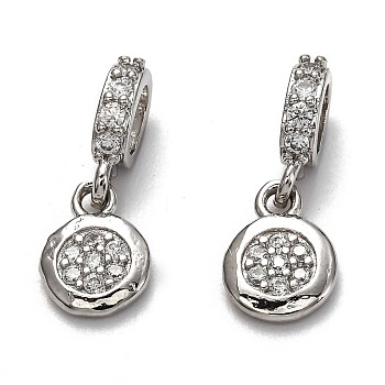 Brass Micro Pave Clear Cubic Zirconia European Dangle Charms, Large Hole Pendants, Long-Lasting Plated, Flat Round, Platinum, 18mm, Flat Round: 10x7.5x2mm, Hole: 5x3mm