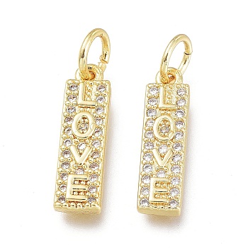 Brass Micro Pave Clear Cubic Zirconia Charms, with Jump Ring, Long-Lasting Plated, Rectangle with Word Love, Real 18K Gold Plated, 15x4x2.4mm, Jump Ring: 5x0.7mm, 3.6mm Inner Diameter