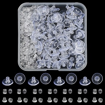 300Pcs 3 Style Plastic Ear Nuts, Full-covered & Bell Ear Nuts, Ear Backs for Droopy Ears, Clear, 3~10x3~6x3~6mm, Hole: 0.5~1mm, 100Pcs/style