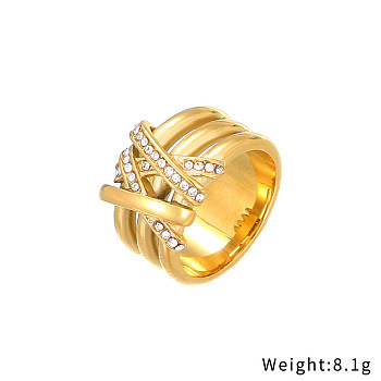 Crystal Rhinestone Wide Finger Ring, Golden Stainless Steel Ring, US Size 6(16.5mm)