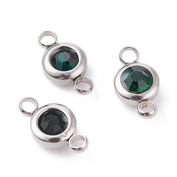 304 Stainless Steel Rhinestone Links Connectors, Flat Round, Stainless Steel Color, Emerald, 12x6.5x4mm, Hole: 2mm