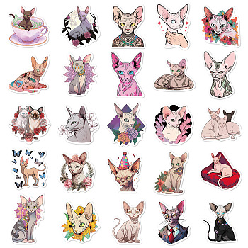 50Pcs Waterproof PVC Cat Stickers Set, Adhesive Kitten Label Stickers, for Water Bottles, Laptop, Luggage, Cup, Computer, Mobile Phone, Skateboard, Guitar Stickers, Mixed Color, 62.7x44.2mm