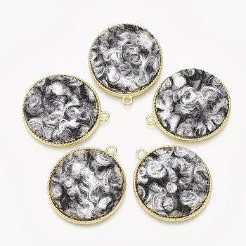 Alloy Pendants, with Cashmere Cloth, Flat Round, Light Gold, Gray, 32x28x2.5mm, Hole: 2mm
