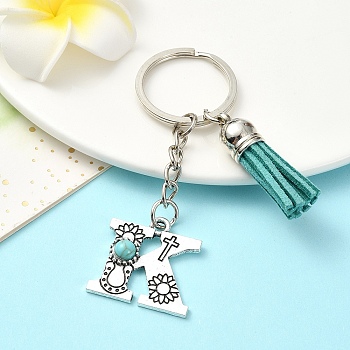 Alloy with Resin Imitation Synthetic Turquoise Keychain, with Tassel Pendant and Iron Rings, Letter K, 8cm, Pendant: 26~35mm