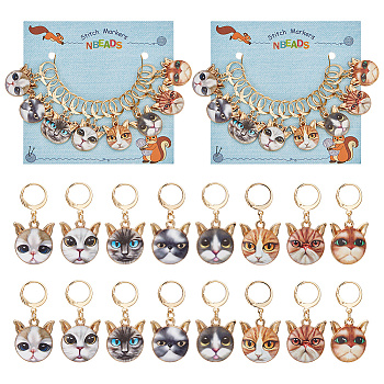 Alloy Enamel Cat Head Pendant Stitch Markers, Crochet Leverback Hoop Charms, Locking Stitch Marker with Wine Glass Charm Ring, Mixed Color, 3.6cm, 8 colors, 2pcs/color, 16pcs/set
