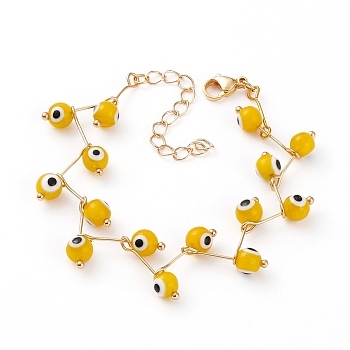 Handmade Evil Eye Lampwork  Beaded Bracelets, with 304 Stainless Steel Ball Head Pins and Lobster Claw Clasps, Round, Golden, Yellow, 6-3/8 inch(16.2cm)